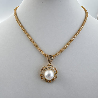 南洋白蝶真珠 フラワー ジルコニア クリスタルメッシュ ペンダントネックレス 約12–13mm 45cm＋5cm SV925 1