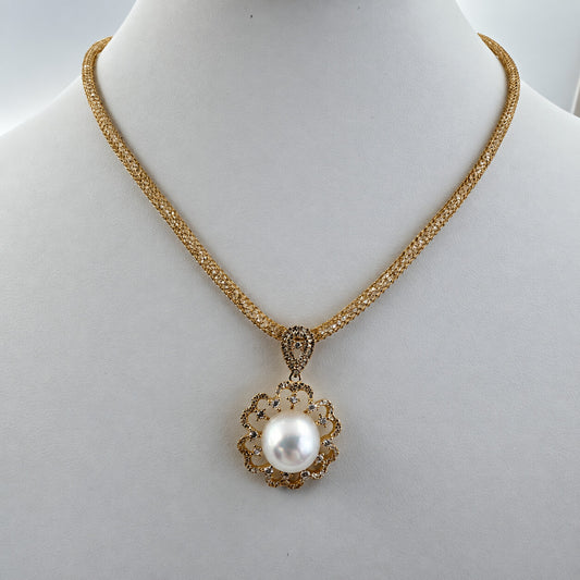 南洋白蝶真珠 フラワー ジルコニア クリスタルメッシュ ペンダントネックレス 約12–13mm 45cm＋5cm SV925 1