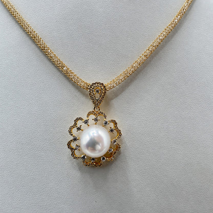 南洋白蝶真珠 フラワー ジルコニア クリスタルメッシュ ペンダントネックレス 約12–13mm 45cm＋5cm SV925 2