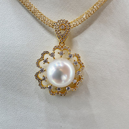 南洋白蝶真珠 フラワー ジルコニア クリスタルメッシュ ペンダントネックレス 約12–13mm 45cm＋5cm SV925 3